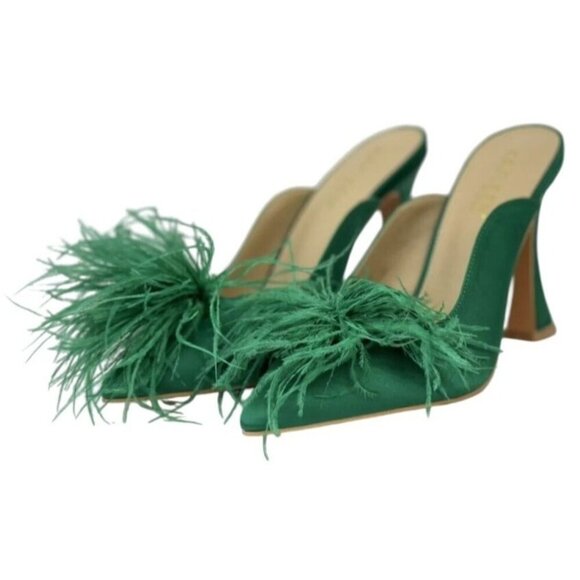 KAYLEEN / Cailin-20/ Green Satin / Feathered / Mule Heels/  With Pointed Toe - Picture 2 of 7